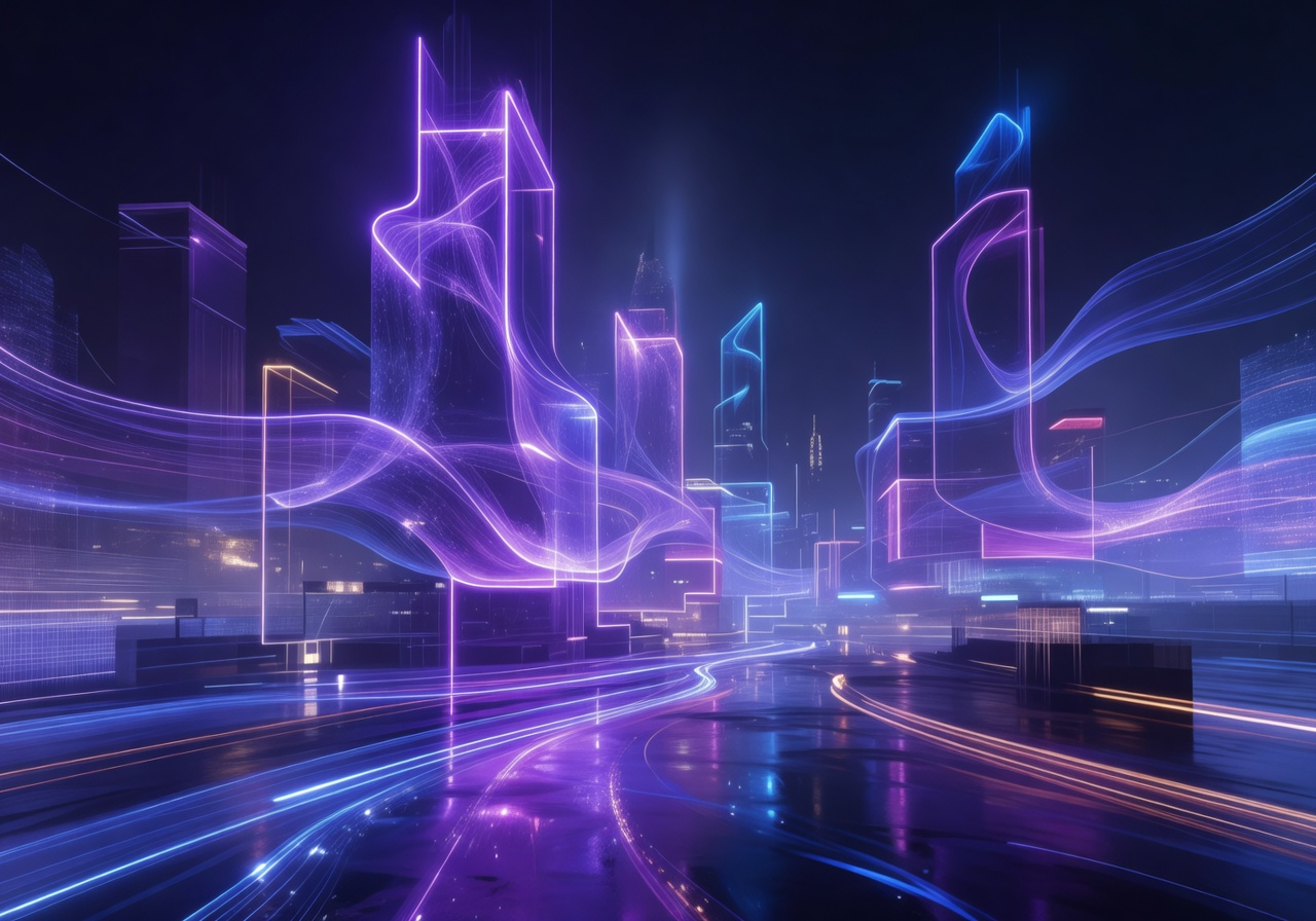 Abstract neon cityscape at night, showcasing glowing purples and blues